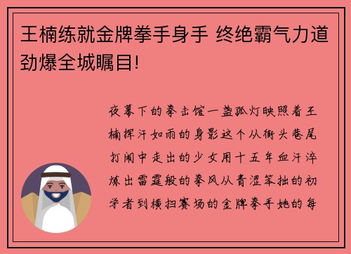 王楠练就金牌拳手身手 终绝霸气力道劲爆全城瞩目!